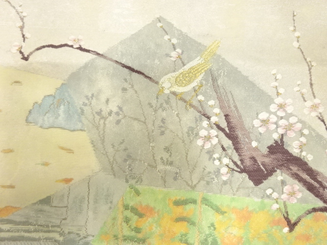 アンティーク　引箔　枝梅に鳥・風景模様織り出し名古屋帯